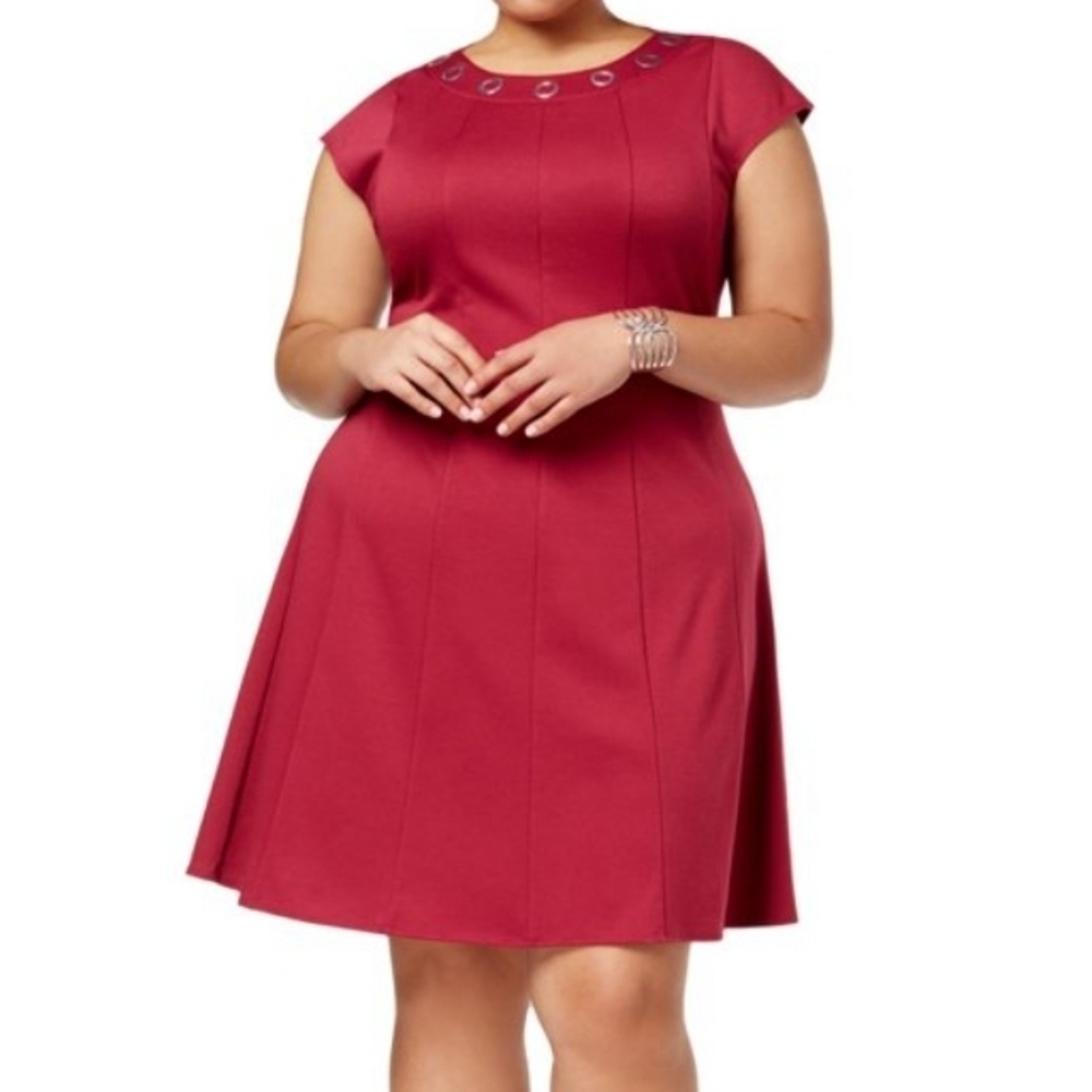 NWT NY Collection Grommet Short Cap Sleeve Knee-Length Beet‎ Red Midi Dress 1X
